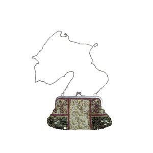 Beaded Satin Evening Purse‎ Green Maroon Silver Metal Frame Shoulder